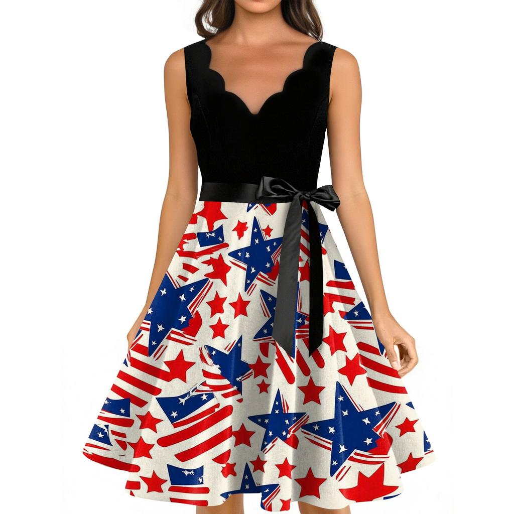 Sleeveless Scalloped Neckline Dress with Star and Firework Print with Sash for Women Holiday Event