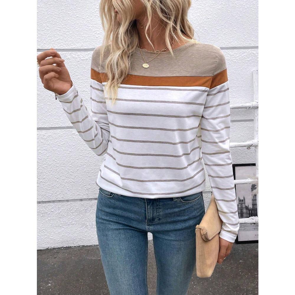 Striped Color-Block 3D Printed Long-Sleeve T-Shirt, Casual Women's Wear, Fashionable, Loose and Comfortable Slim-Fit Top