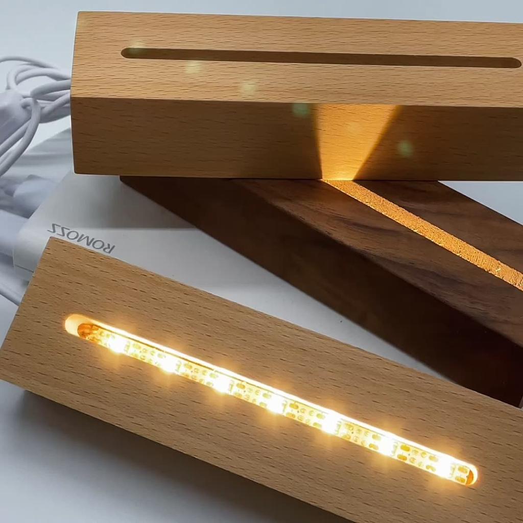 Beech Wooden LED Lamp Base with USB Cable Switch Simple For 3D Acrylic Board DIY Night Light Christmas Wood Gifts Accessories