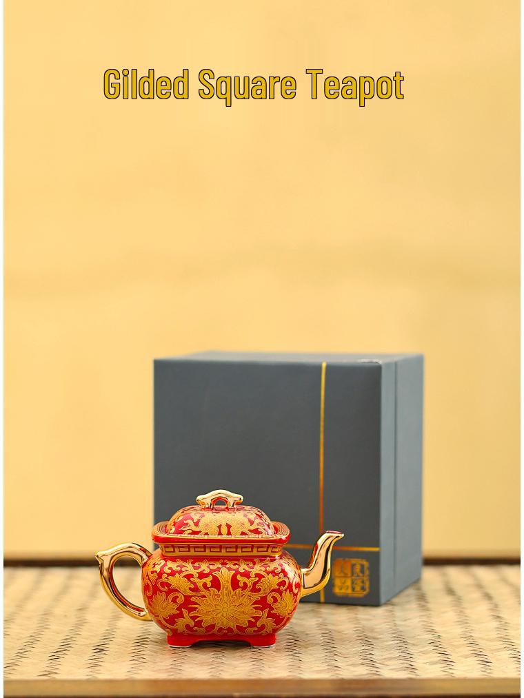 Hand-Painted Enamel Gilded Square Ceramic Teapot Set with Gift Box