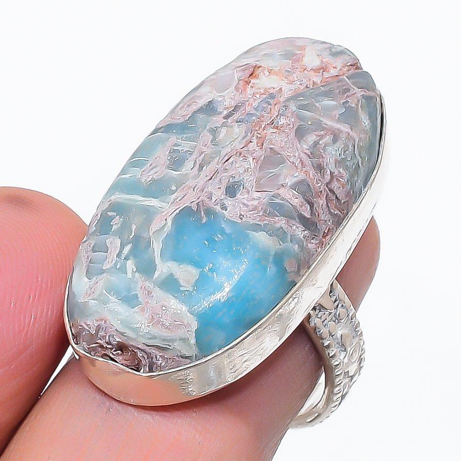 Natural Larimar Gemstone Handmade 925 Sterling Silver Jewelry Ring Size 7 o5j91