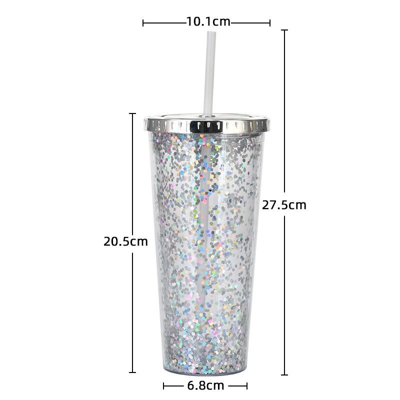 Taza de Plástico de Doble Capa de 24 oz con Purpurina Botella de Agua Portátil con Pajita Vasos Reutilizables de Plástico con Tapas Taza para Bebidas de Fiesta