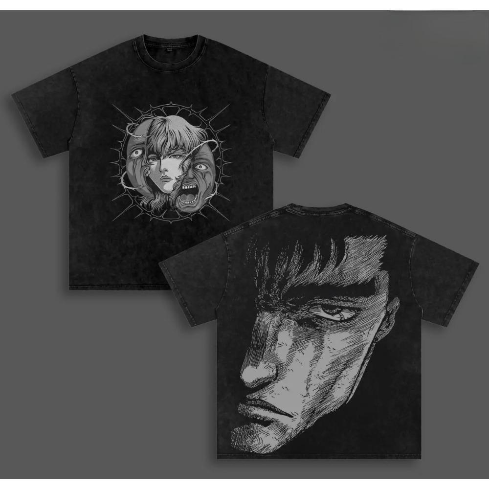 Anime Berserk Guts And Griffith Printed Tee Men Short Sleeve Cotton Tshirts Retro Washed T-shirt Harajuku Male Oversized T Shirt
