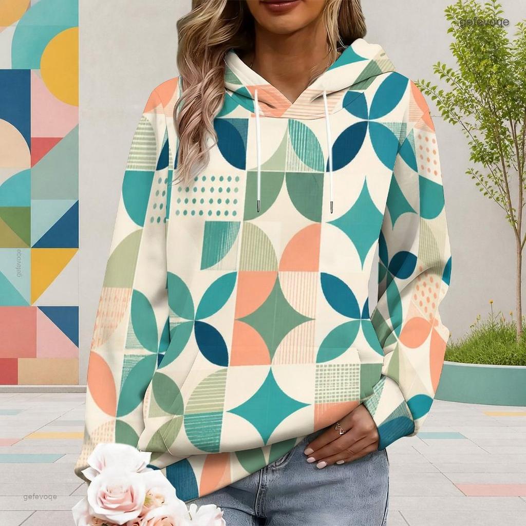 Women Plus Size Abstract Geometric Printed Long Sleeve Drawstring Hoodie Kangaroo Pocket Pullover