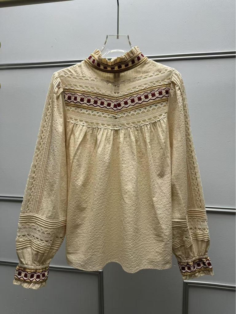 Women's Retro Ruffled Apricot Red Embroidered Long-Sleeve Shirt for Spring/Summer 2026