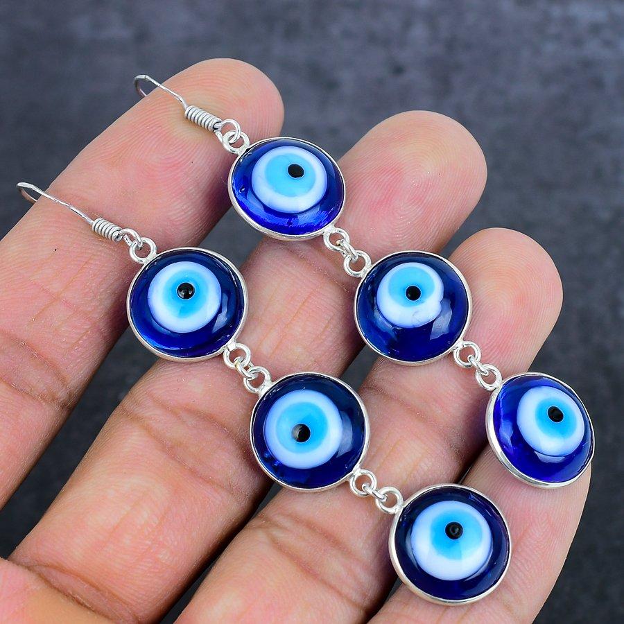Blue Evil Eye Gemstone Handmade 925 Sterling Silver Jewelry Earring 3.15" A3l94