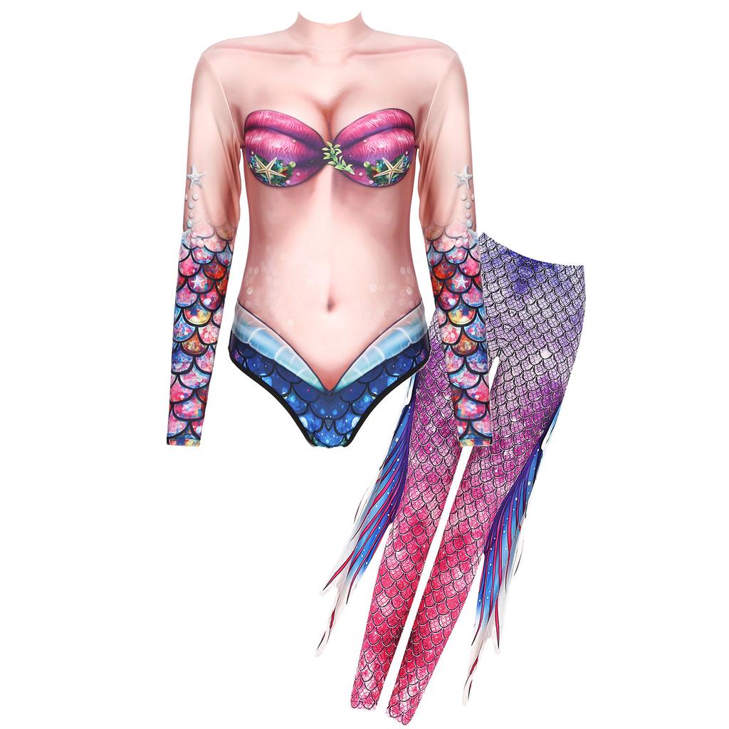 Shimmering Mermaid Stage & Party Jumpsuit S-XL: High Waist Tights Design with Stand Collar, Eye-Catching for Halloween