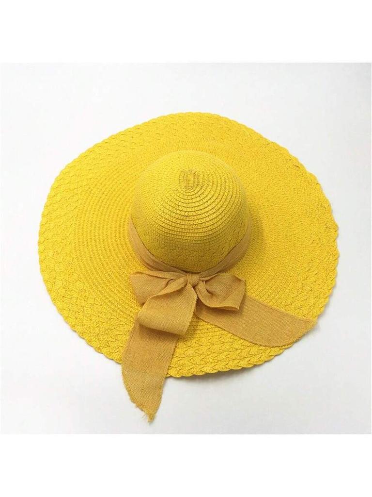 Women Wide Brim Straw Sun Hat With Bow Beach Travel Summer Hat