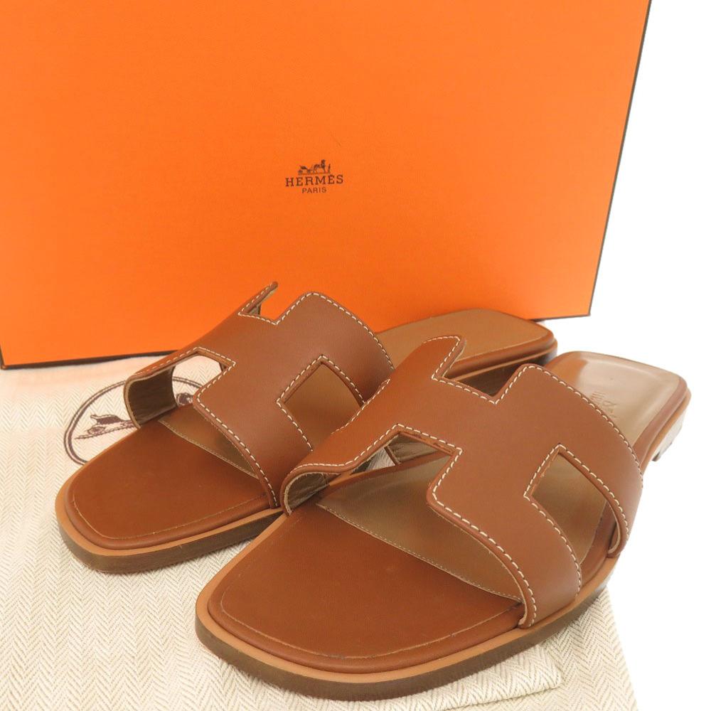 Used AUTHENTIC HERMES Oran Sandals Brown Leather