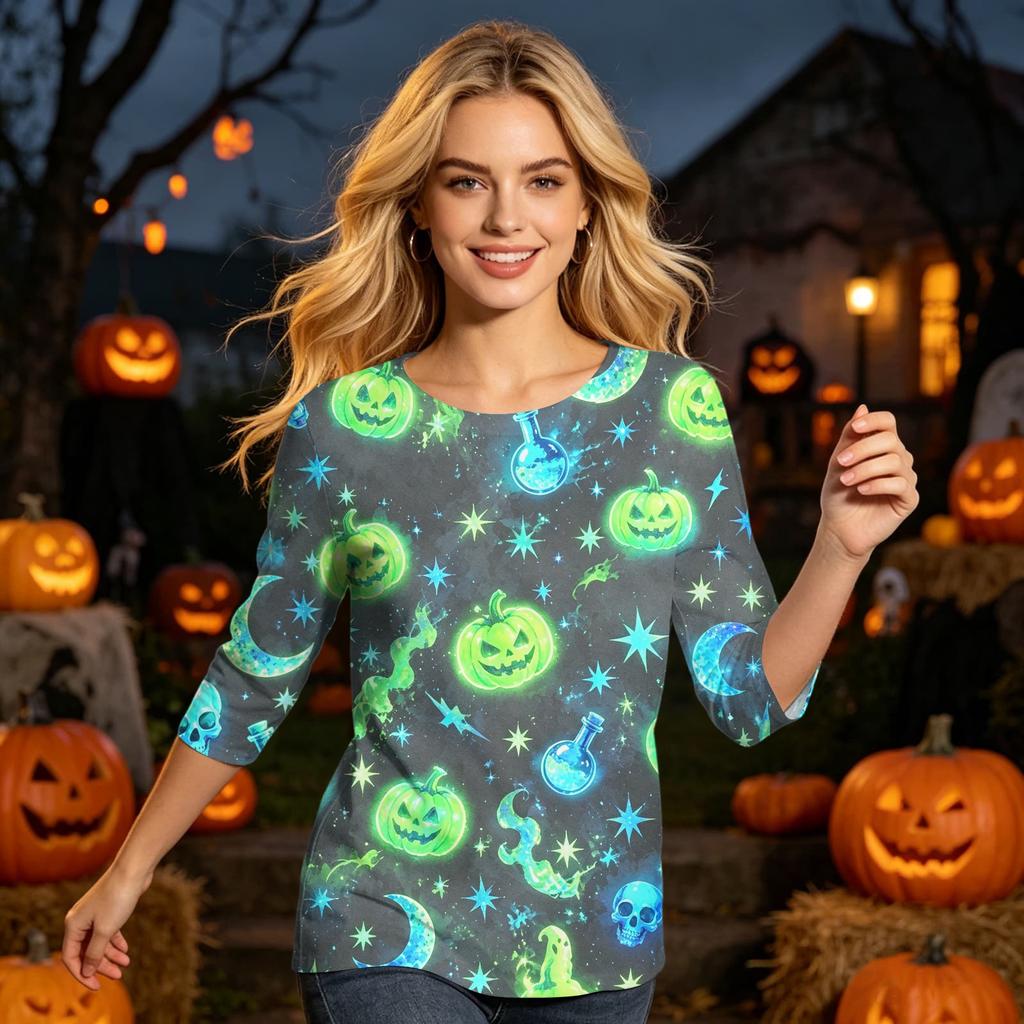 Women’s Casual Three Quarter Sleeve Halloween Printed Crew Neck Top Loose Fit Pullover Comfortable Lightweight Shirt Blouse