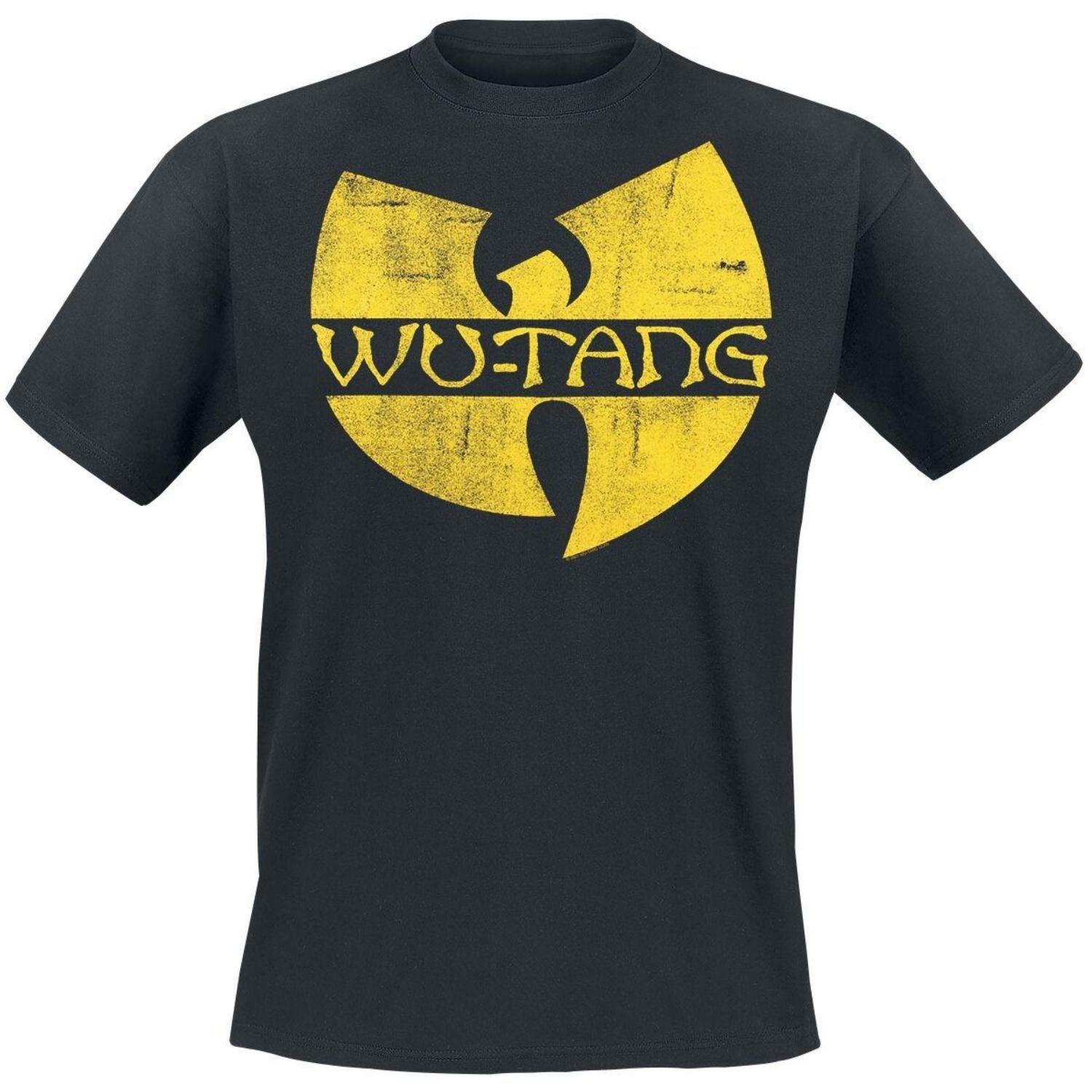

Футболка с логотипом группы Wu-Tang Clan, мужская, хип-хоп, с графическим принтом желтого символа с эффектом потертости, повседневный уличный топ S