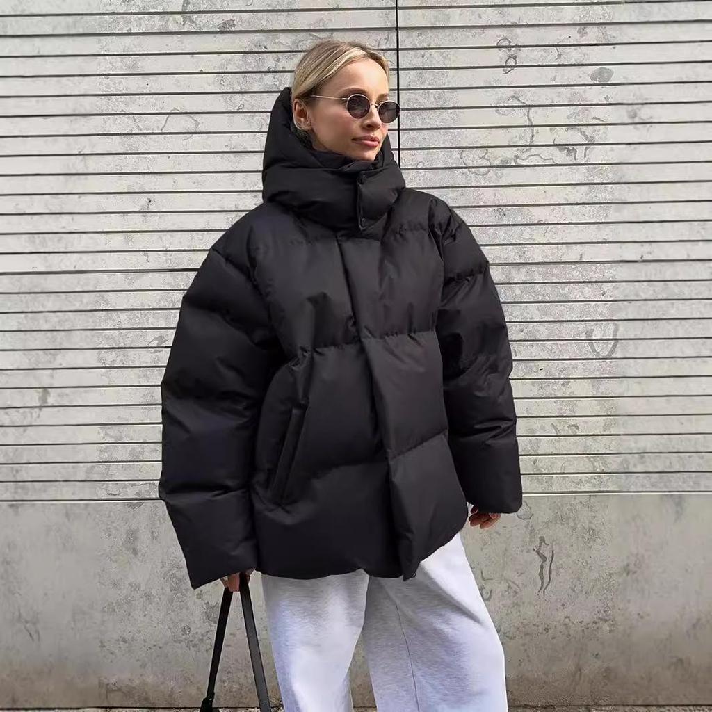 Women's Hooded Puffer Jacket Winter Padded Warm Coat Thicken Outerwear Stand Collar Oversized Long Sleeve Full Zip Quilted Puffer Coats for Women