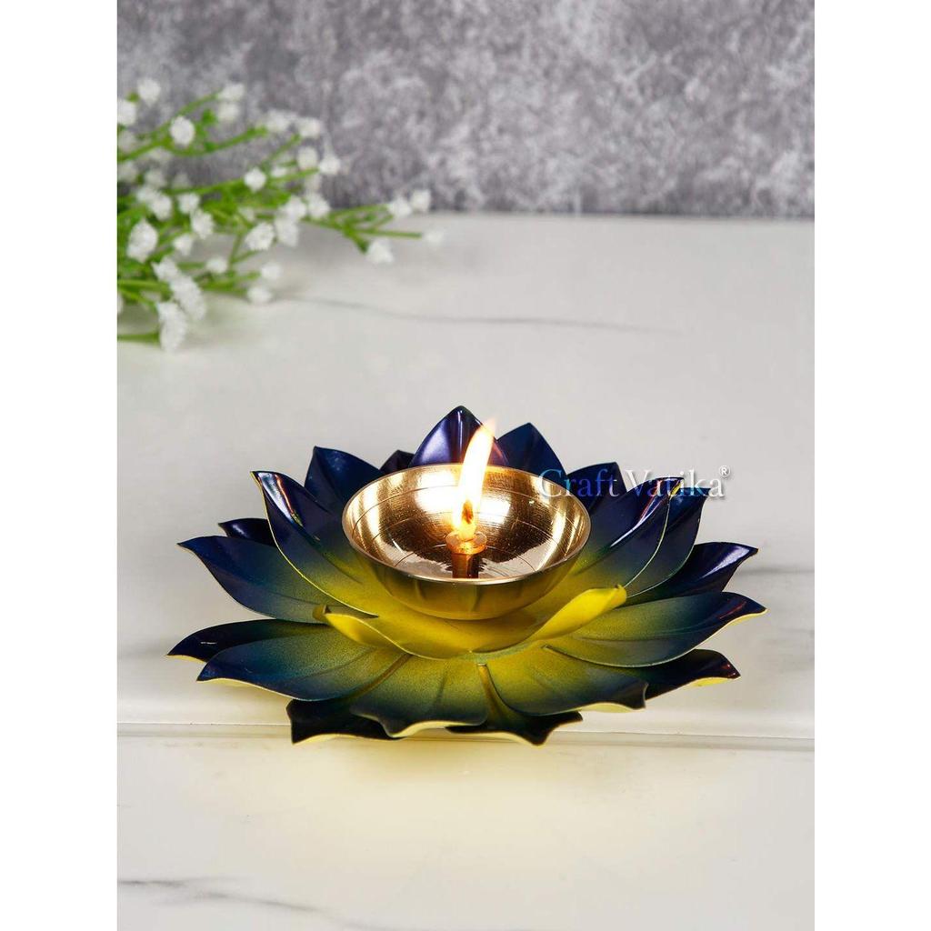 Lotus Diya Puja Oil Lamp - Metal Handpainted Deepak -Home Temple Puja Articles Decor