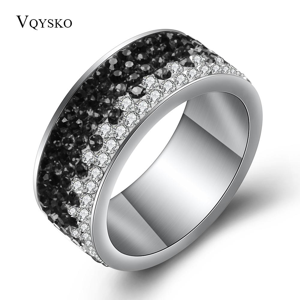 VQYSKO Jewelry Bling Charms Rings For Women AAA Crystal Elegant Stainless Steel Rings With white and black Crystals