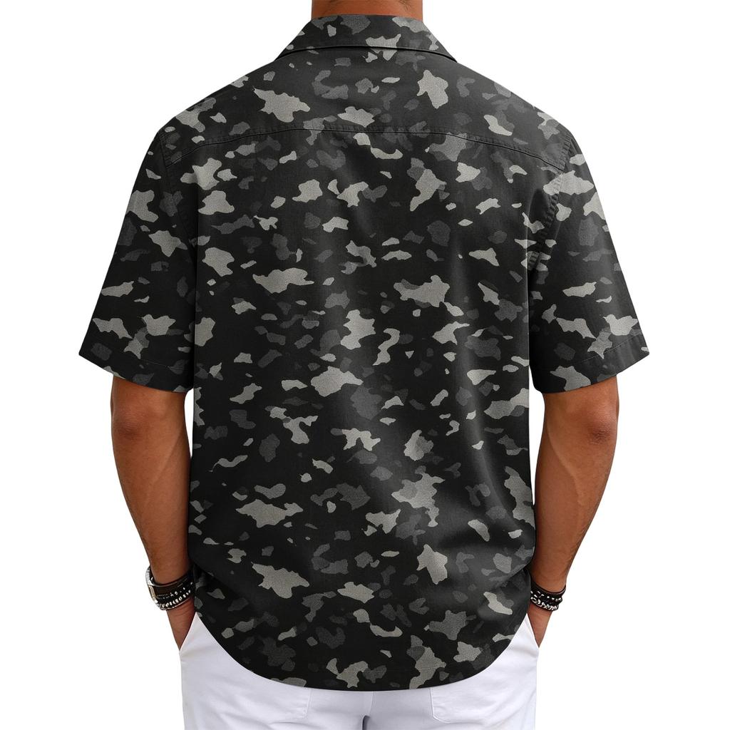 Camisa de hombre con cuello cubano Estampado de camuflaje Manga corta Verano Ropa casual