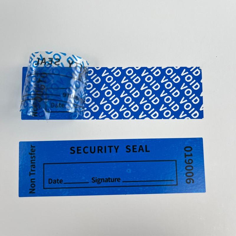 100 Stück Gesamte Transfer-Manipulationssichere Etiketten Sicherheitsgarantie Ungültig Aufkleber Rot Blau 25*85 mm Dreifache Seriennummern Siegelaufkleber