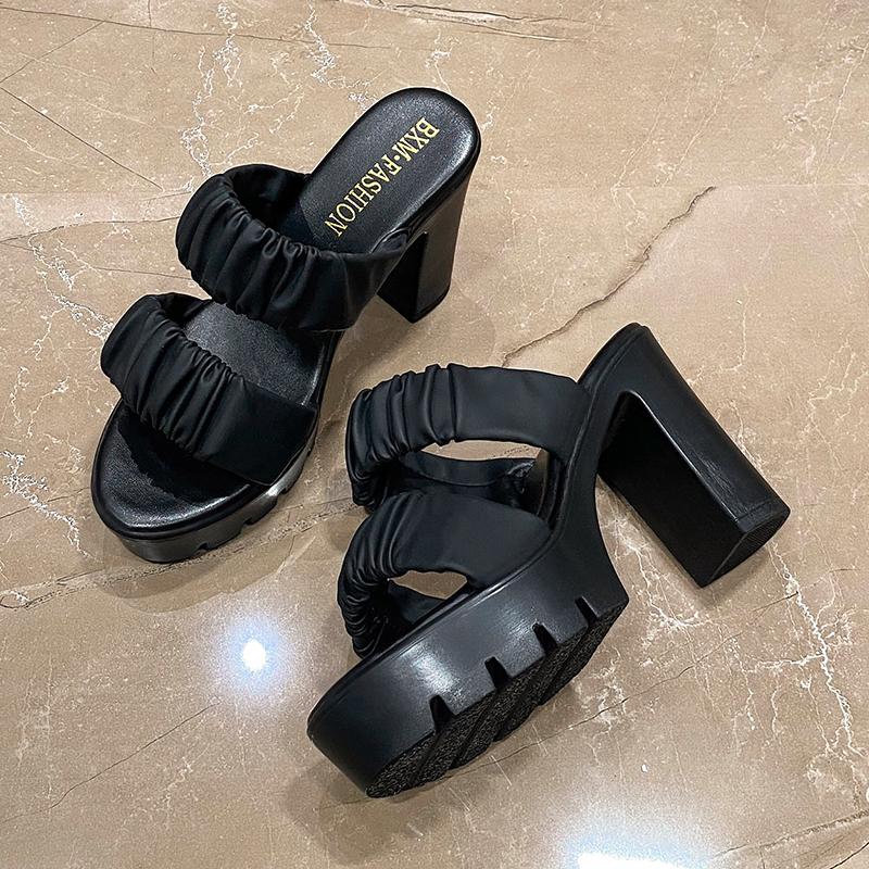 

2024 Лето Новые Босоножки с Открытым Носком на Высоком Каблуке Модные Плиссированные Элегантные Офисные Туфли на Толстом Каблуке Женские Туфли На Все Случаи Кожаные Шлепанцы 35 чёрный