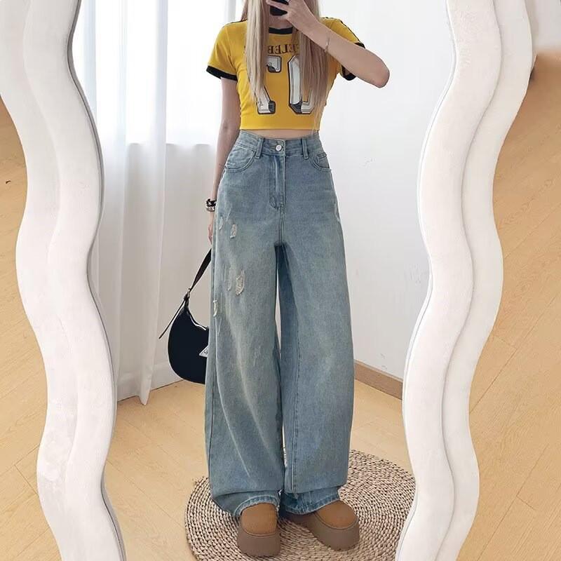 Retro High-Waist Loose Wide-Leg Ripped Jeans for Women Extra Large синий