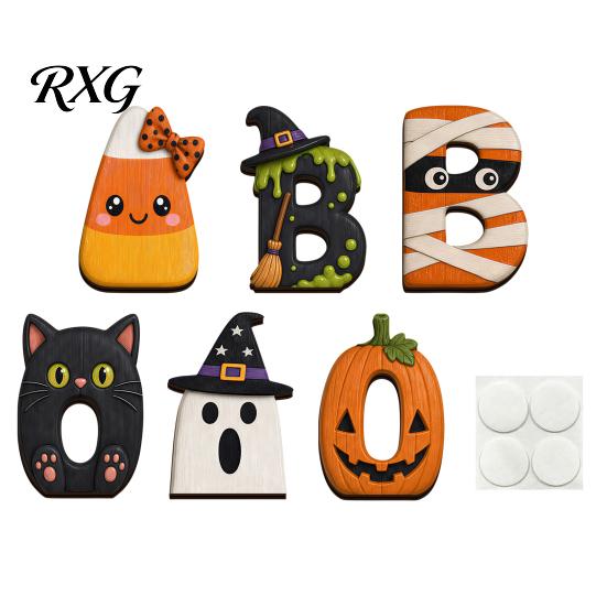 Halloween Desk Ornaments Wooden BOO Decoration for Tiered Trays, Creative Vintage Style Decor Solid Wood Tabletop Centerpieces Party Boo Sign