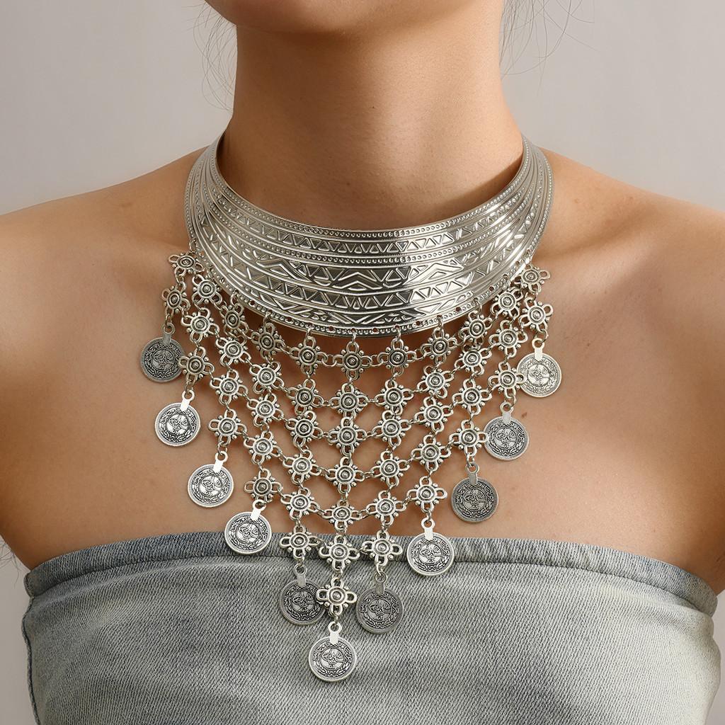 Ethnic Fashionable Style Multi Layer Tassel Design Women Metal Necklace Collar