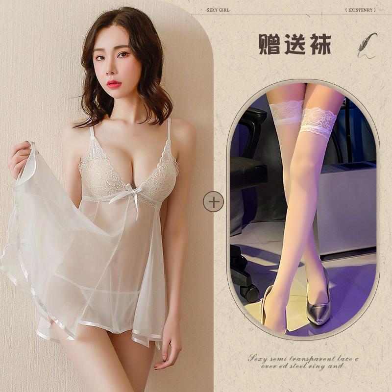 Sexy mesh pajamas erotic underwear perspective nightdress set suspender halter lace erotic loungewear