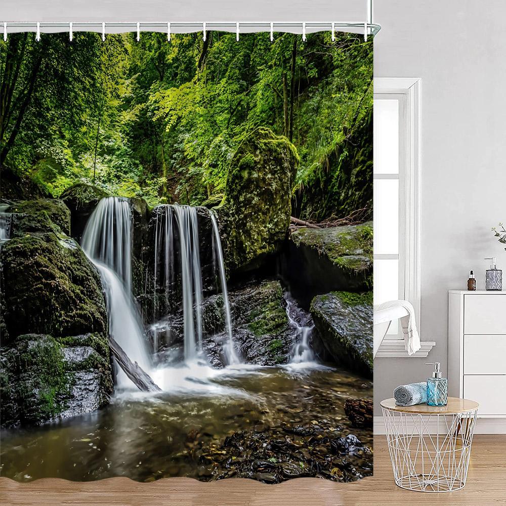 Waterfall Shower Curtains Natural Landscape Green Plants Forest Nature Greenery Home Decor for Bathroom Polyester Bath Curtain