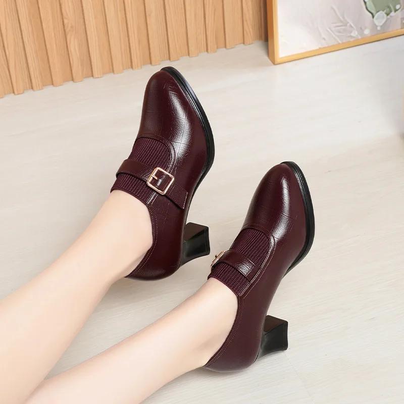 6cm Comfortable Deep Mouth Soft Leather Shoes Women Pumps 2025 Spring Med Block Heels Shoes for Office Mom Model Daily