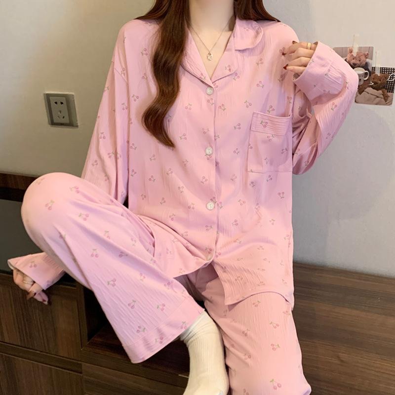 ins style girlish pajamas women's spring and autumn long-sleeved sweet bow full print casual loungewear set
