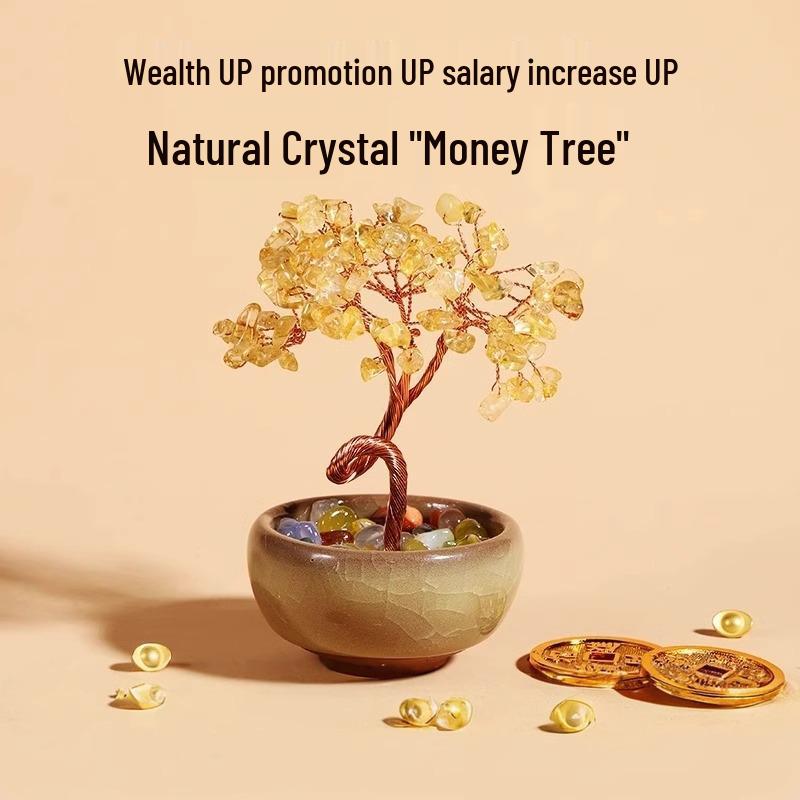 Citrine Money Tree with Agate Base - Fortune-Attracting Ornament for Home or Office