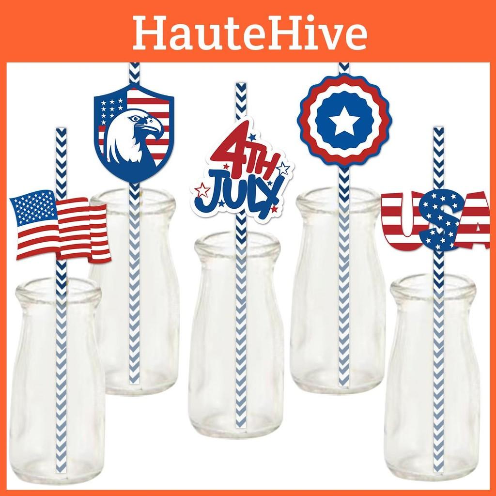 American Day Independence Paper Straws With Stars Flags For Party Decorations