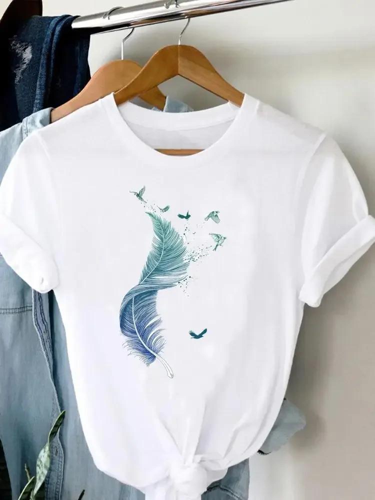 Tee Damen T-Shirt Sommer Kurzarm Print Kleidung Grafik T-Shirt Feder Malerei Vogel Kleidung Mode Damen Top