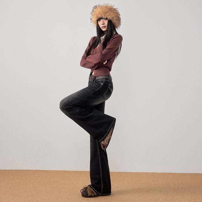 

Washed Vintage Retro Dark Bell Bottom Jeans: Floor-Length, Comfortable, Perfect for Autumn and Winter. XL