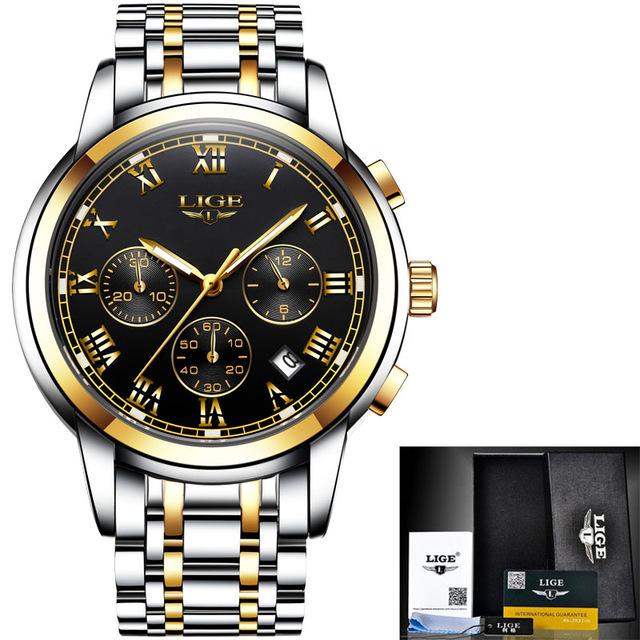 LIGE Waterproof Man Wristwatch Men's Watch Quartz Stainless Steel Band Chronograph Calendar Luxury Watches Relogio Masculino