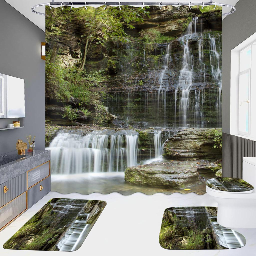 High Definition Digital Printing Shower Curtain Four-Piece Set Of Non-Punching Bathroom Bathroom Bathroom Partition Curtain Landscape