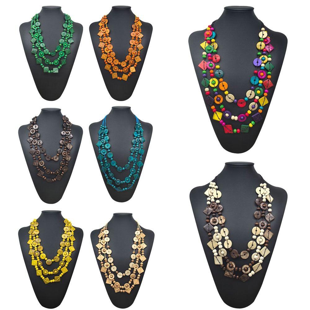 Rétro Bohème Statement Multi-couches Long Collier Plastron Perles Bois Coloré Fait Main Choker