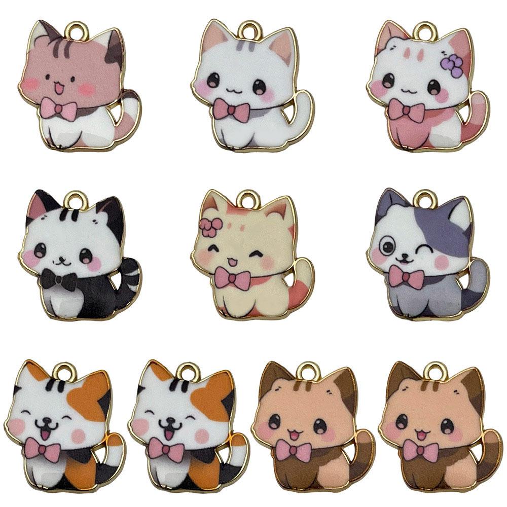 Colorful Enamel Alloy Cat Charms for DIY Bracelets - Set of 10