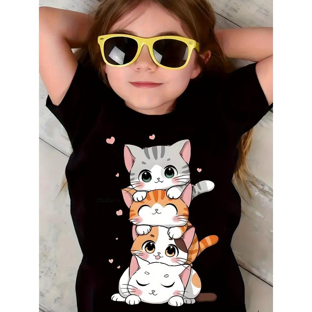 New Summer Girls Clothes Cartoon Cute Cat Graphic T Shirt Short Sleeve Tops for Girls 4 To 6 Years Casual Children's Clothing