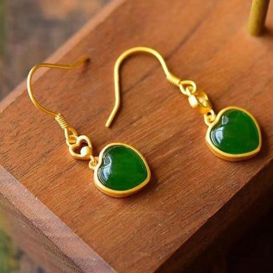 New Arrival Inlaid Natural Hetian Jade Heart Shaped Earrings Chinese Style Retro Fresh Romantic Fairy Charm JewelryRetro Charm