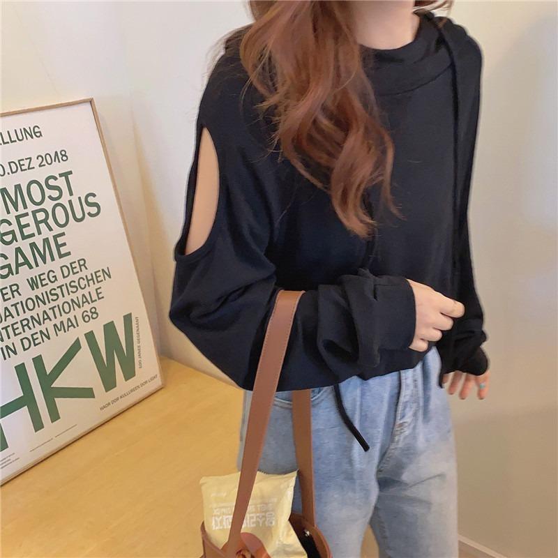 

Real shot autumn hooded cotton solid color versatile off-shoulder loose thin hooded sweater jacket top 2XL чорний
