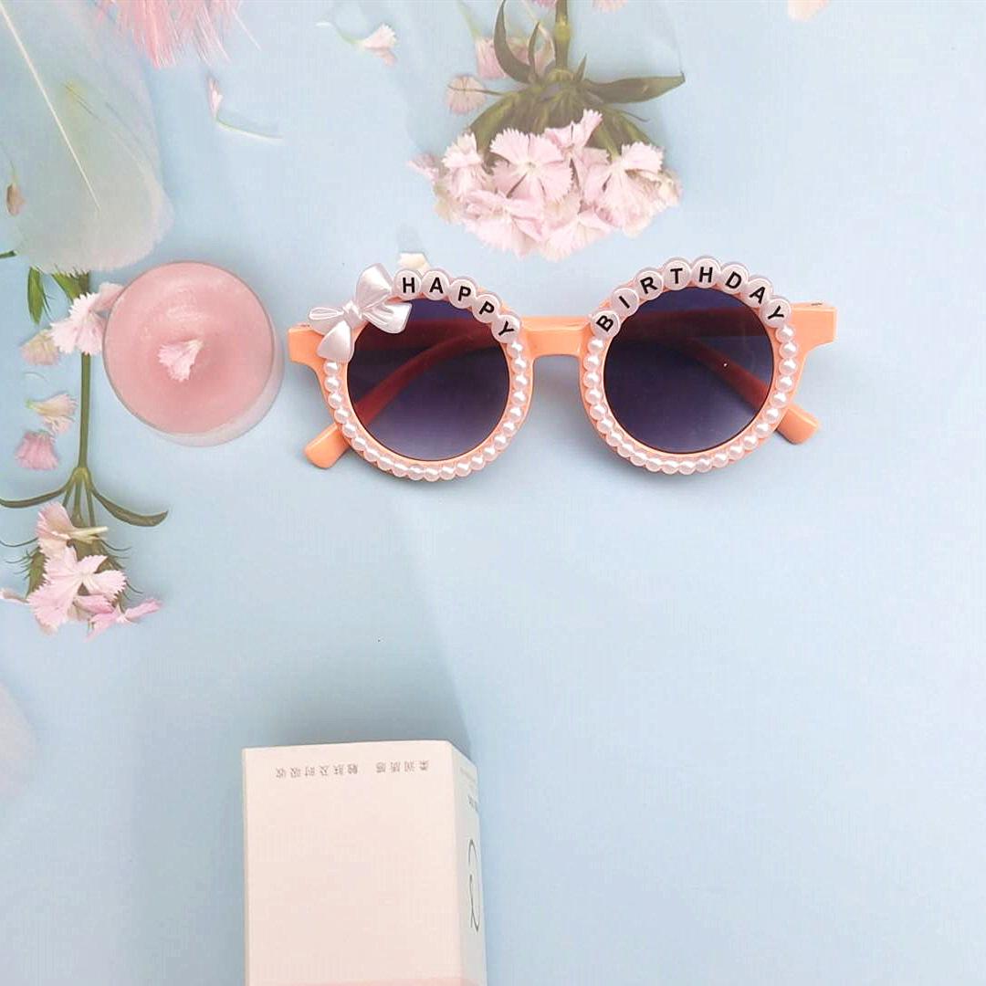 

With Letters “Happy Birthday” Children S Flower Sunglasses Pearl Decorated Uv Protection Kids Shades Birthday Party Sunglasses