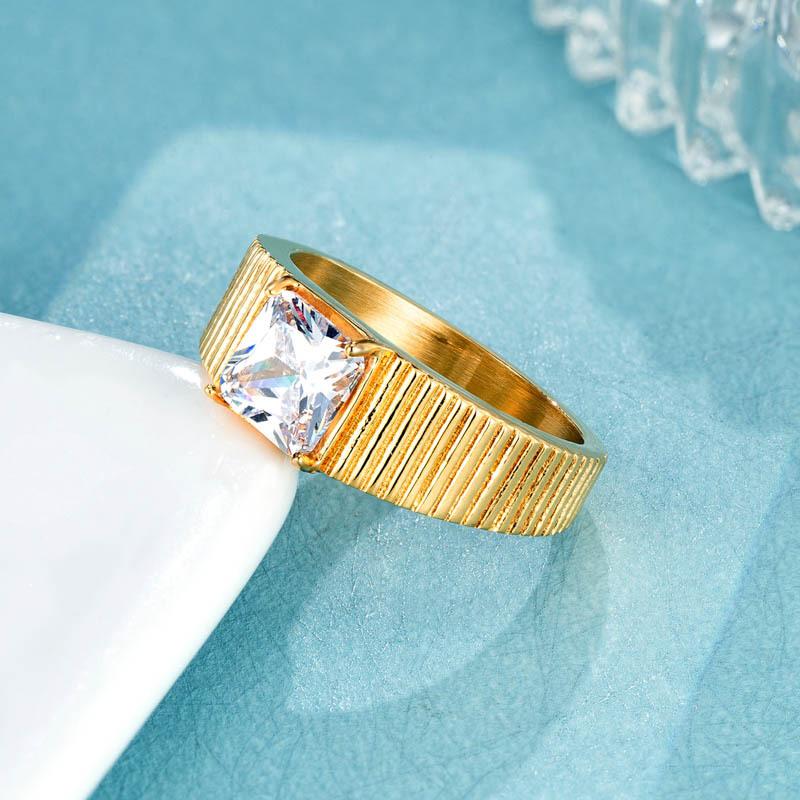 Ins Same Titanium Steel Ring Striped Single Square Zircon Ring Women's Ring