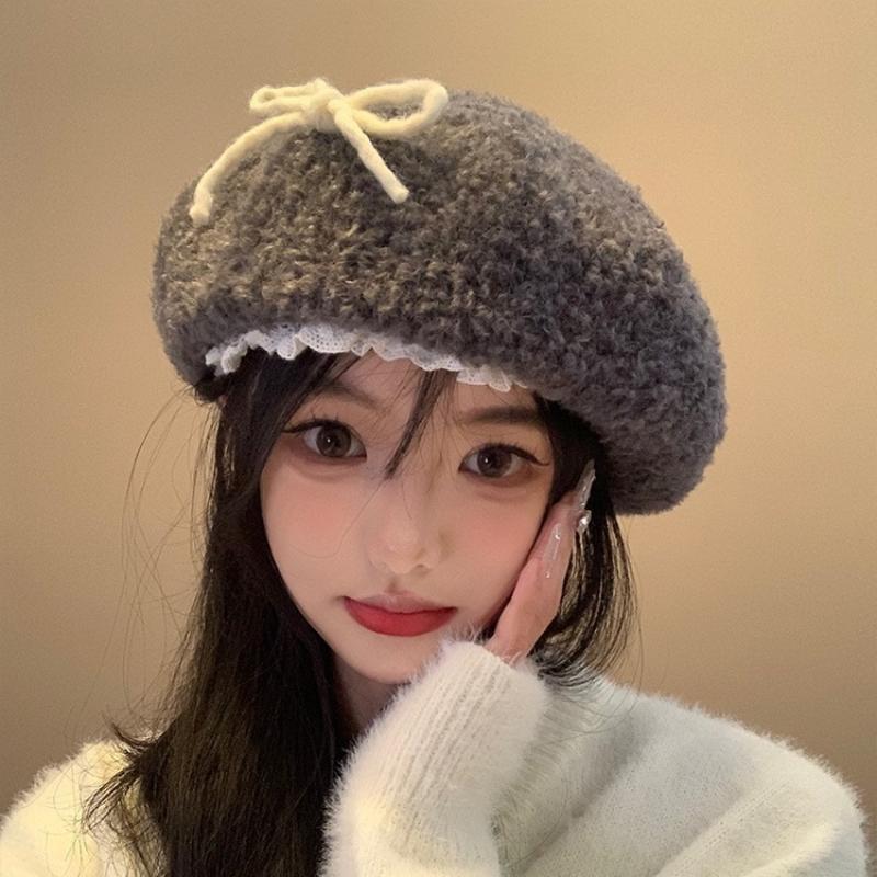 Autumn And Winter Cute Hairy Bow Lace Beret Hats For Women Daily Wear Travel Pography Warm Fashion Versatile Painter Hata