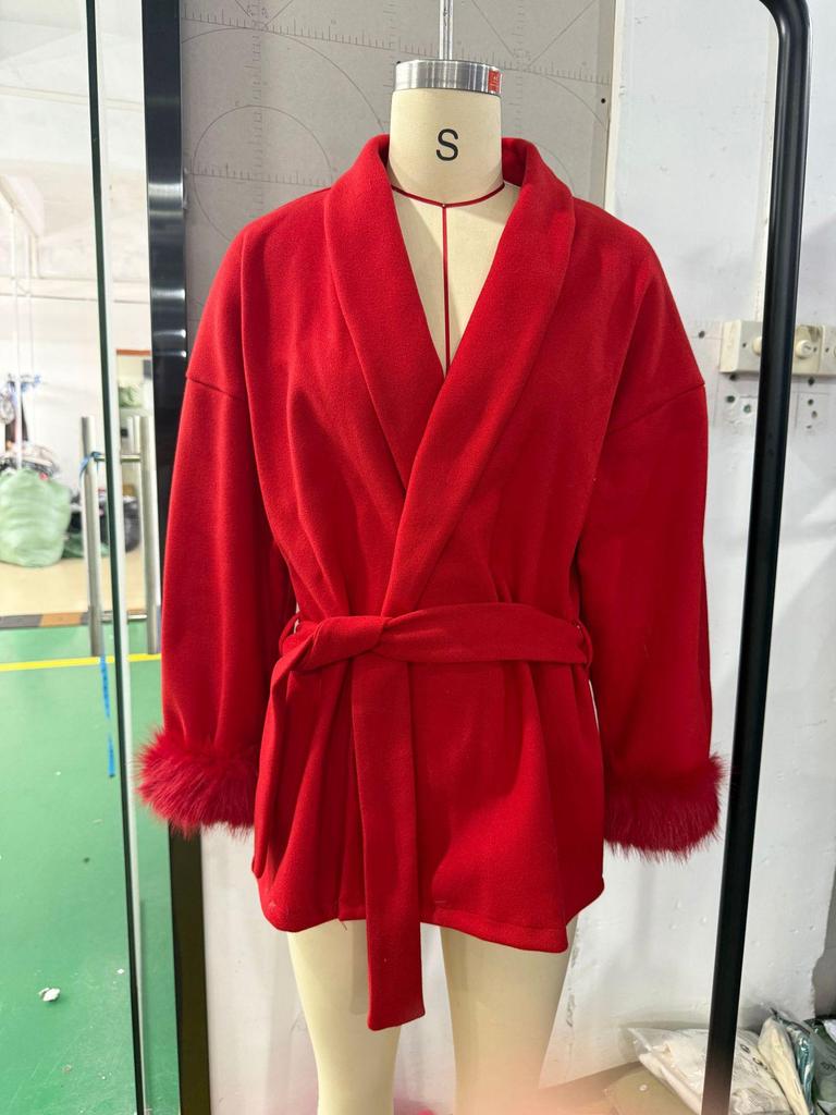 2025 A/W Women's French Tweed Short Coat with Fur Cuffs, V-neck, and Tie-waist - Solid Color.
