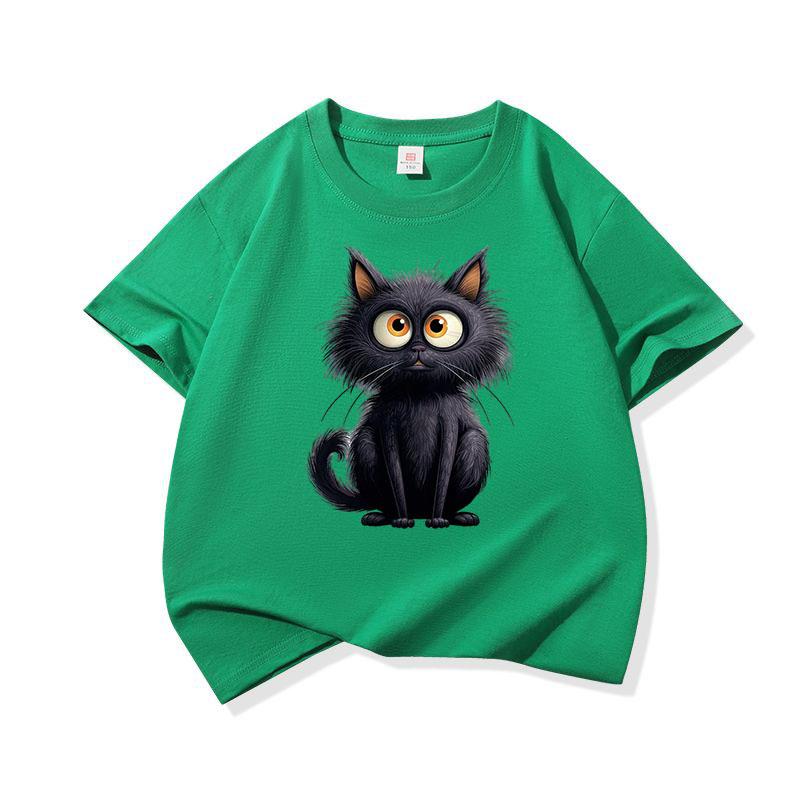 Cute Black Cat Graphic Tee Kids 100 Cotton Crew Neck Casual Breathable T Shirt Short Sleeve Muticolor Tops For Sweet Girls Boys