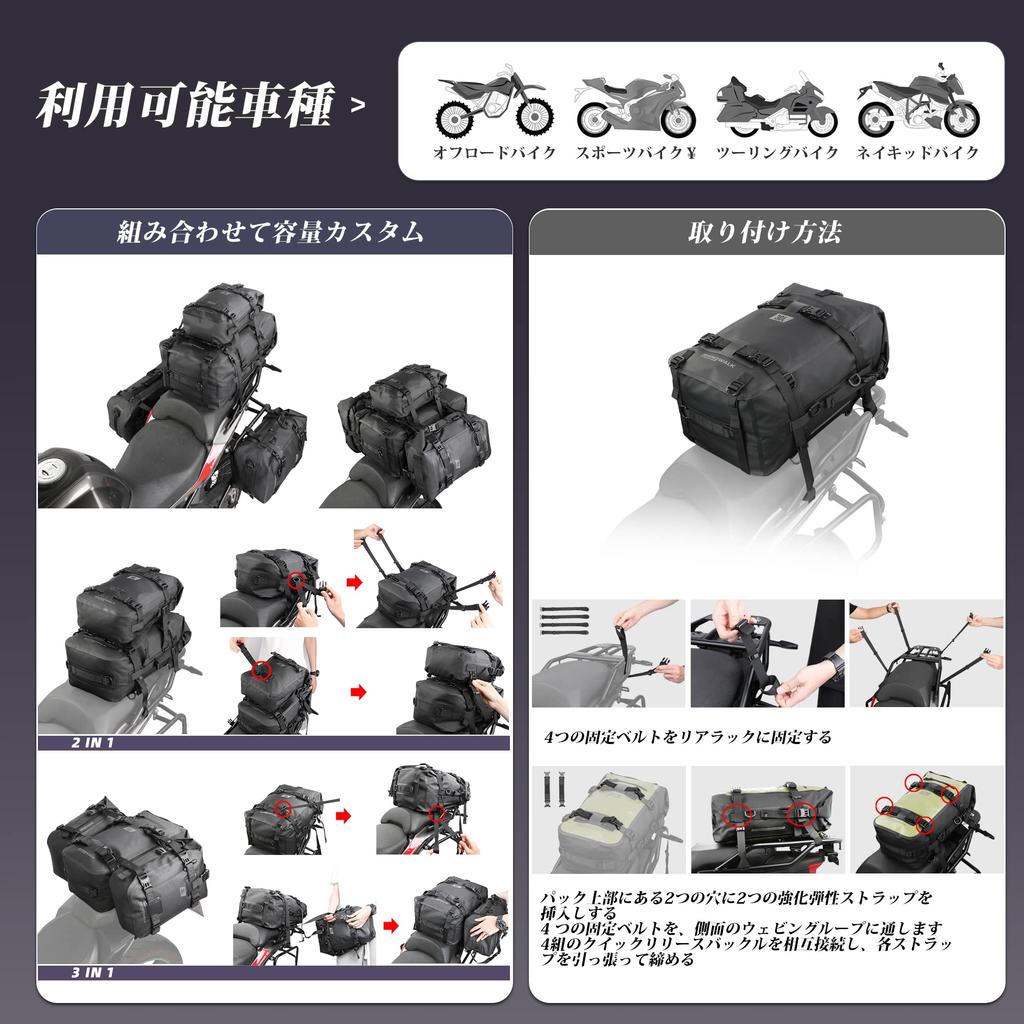 Rhinowalk Dry Pack Motorcycle Seat Fully 30L Large Capacity Pannier Modular Moto with Shoulder Easy Bike Dry Pack Bag/Touring Bag, Waterproof, Bag,