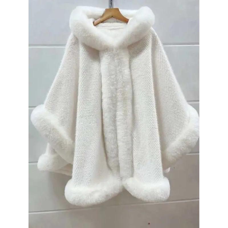 

Пальто-шаль Накидка Женское Большой Меховой Воротник Меховая Накидка Модное Свободное Плюс Бархат Толстое Зимнее Теплое Пальто One size белый