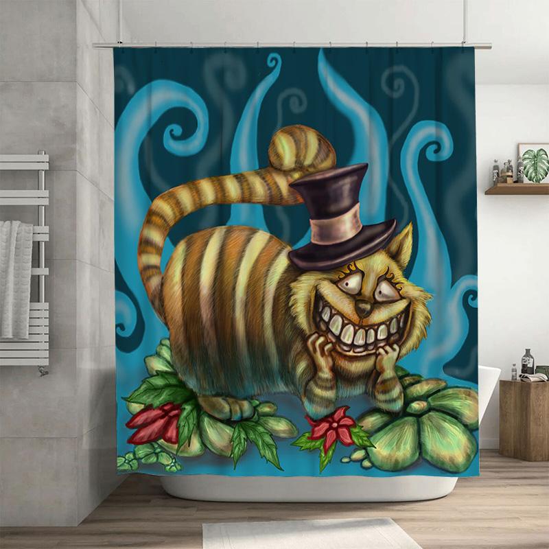 

Whimsical Cheshire Cat Shower Curtain With Top Hat 3D Printed Fabric Waterproof Bath Decor In Blue Green Floral Design W60H190(CM)-1 Pcs