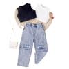 Mädchenmode-Set: Sommer Kinder Freizeit Einfarbig Ärmellos Pullover und Denim Hose Zweiteiliges Set