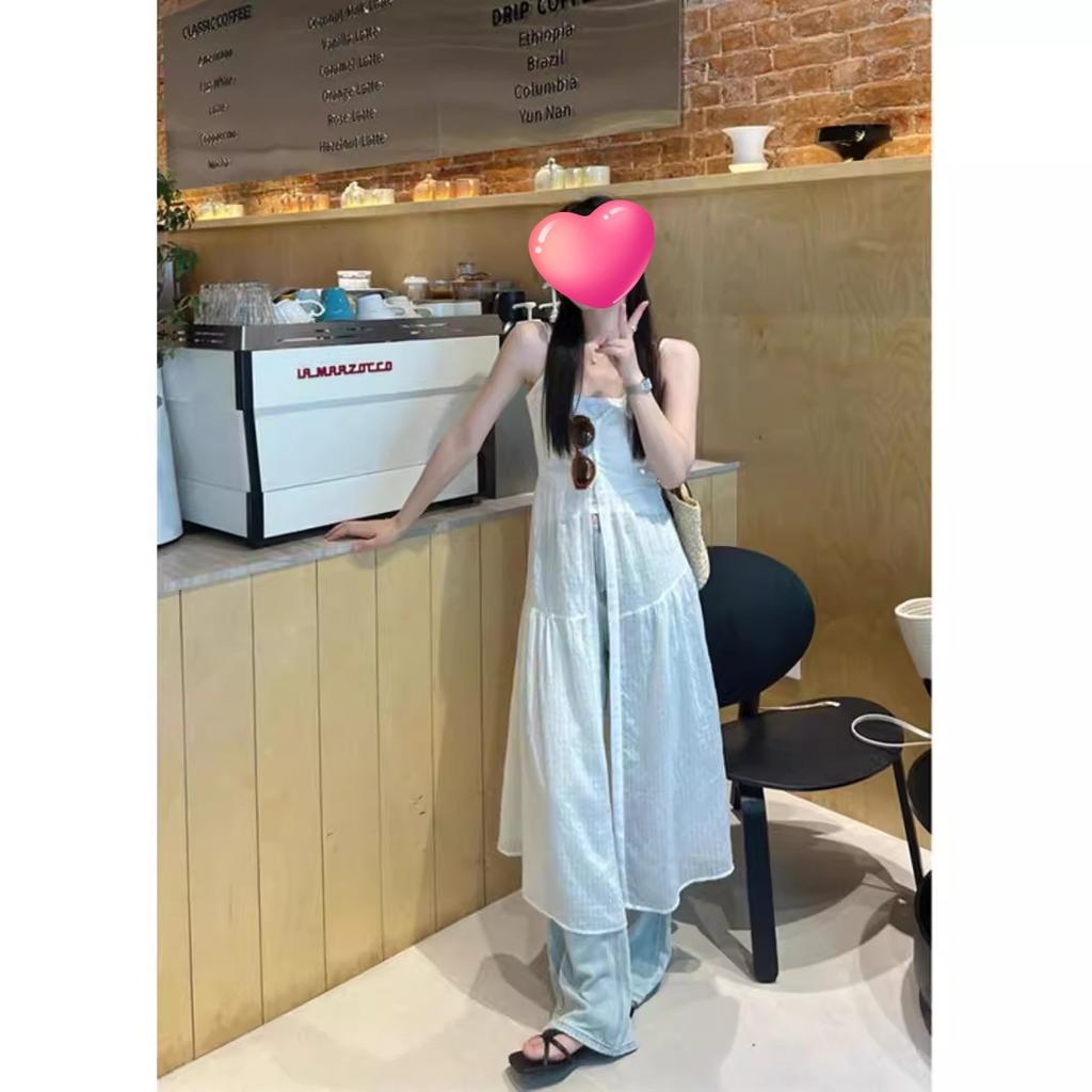 New American stacking atmosphere girls summer medium and long white high-end beach suspender dress