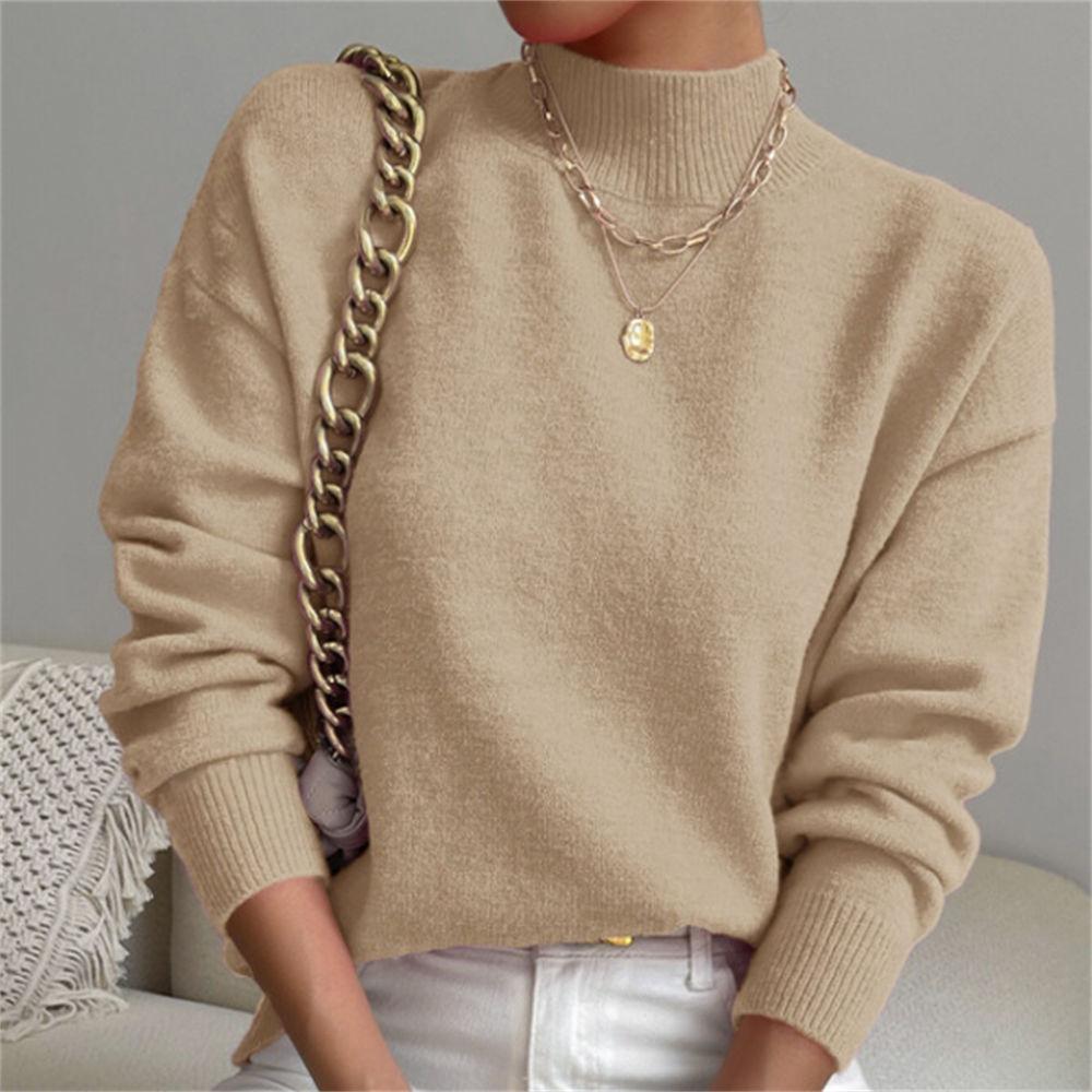 Women's Autumn/Winter Mock Neck Pullover Sweater, Fashion Solid Color Loose Fit Long Sleeve Knit Top S-XL